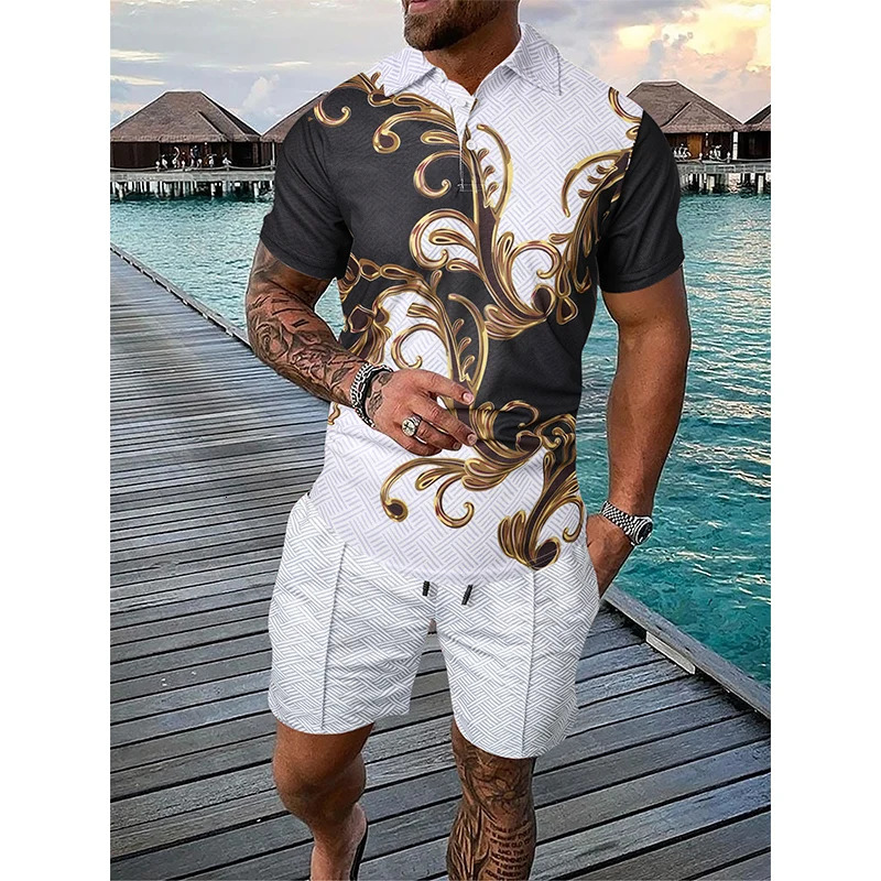 Mens summer fashion casual 3D printed polo shirt collar set 250326