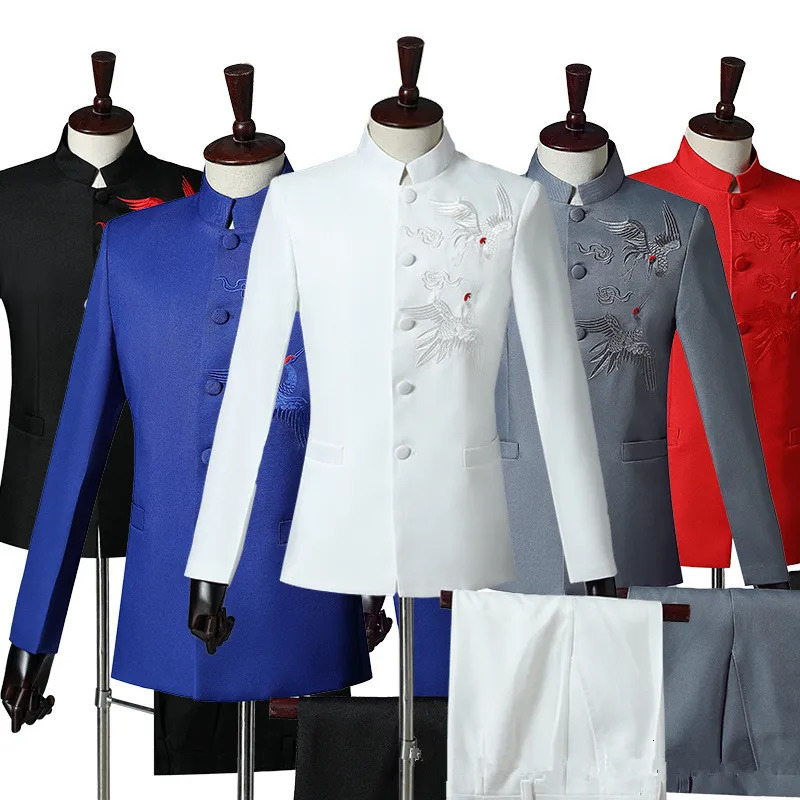 Chinese y Stand up Collar Set 2piece Fashionable Mens Wedding Ball Performance Jacket and Pants 250326