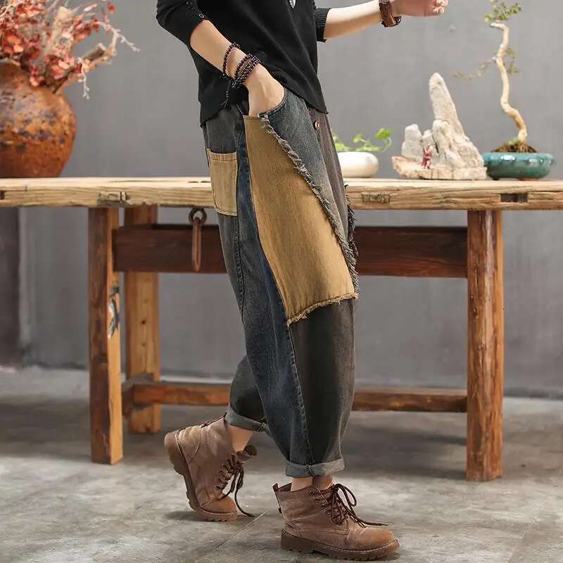 Spring Women's High Waist Retro Harem Pants Jeans 2023 New Casual Fashion Haruku Cotton Trousers Patchwork Wide Leg Radish