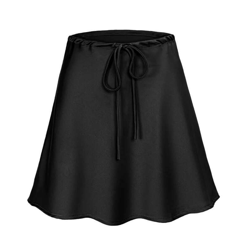 Dongdumaoyi Satijnen Midi Rok Trekkoord Tie Taille Casual Korte Zomer Effen Kleur Dames A
