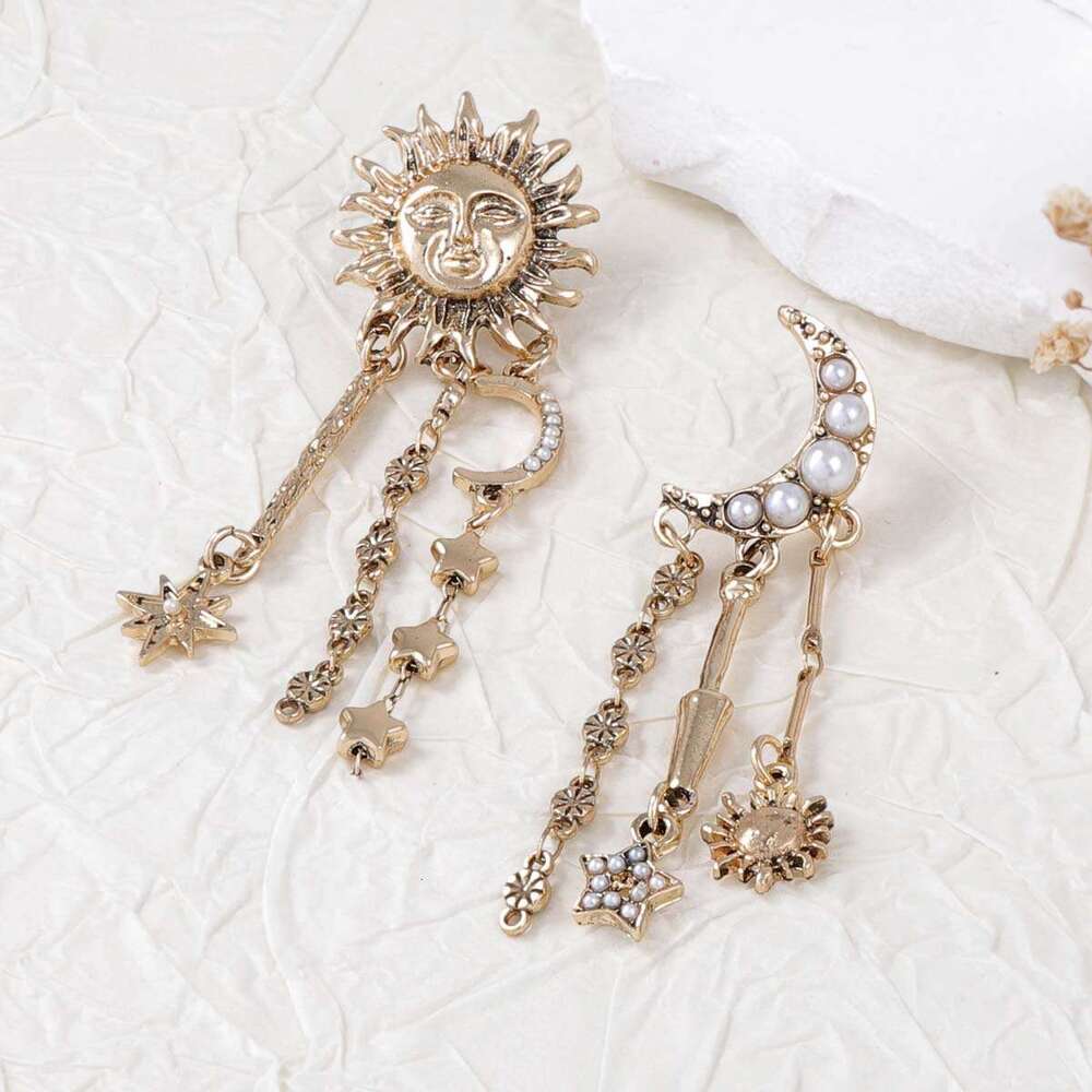 Bold Celestial Earrings Trendy Geometric Sun Moon Star Dangle Earrings with Fringe for Women