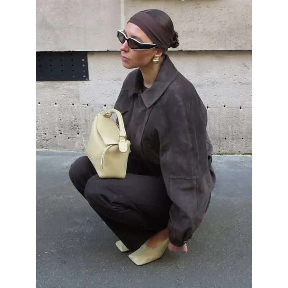 Women's Coat Vintage Women's Belt Short Suede Jackets Street Lapel Long Sleeve Zipper Female Coats Spring Lady Patchwork Moto Outerwears