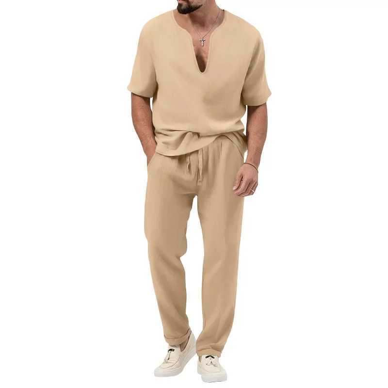 Mens summer two-piece casual sportswear European and American mens solid color cotton linen short sleeved pants setXJ250326