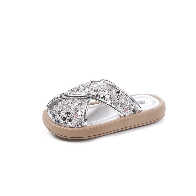 Slipper 2024 summer British style childrens slippers with sequins for girls middle-aged and young children princess shoes S25326