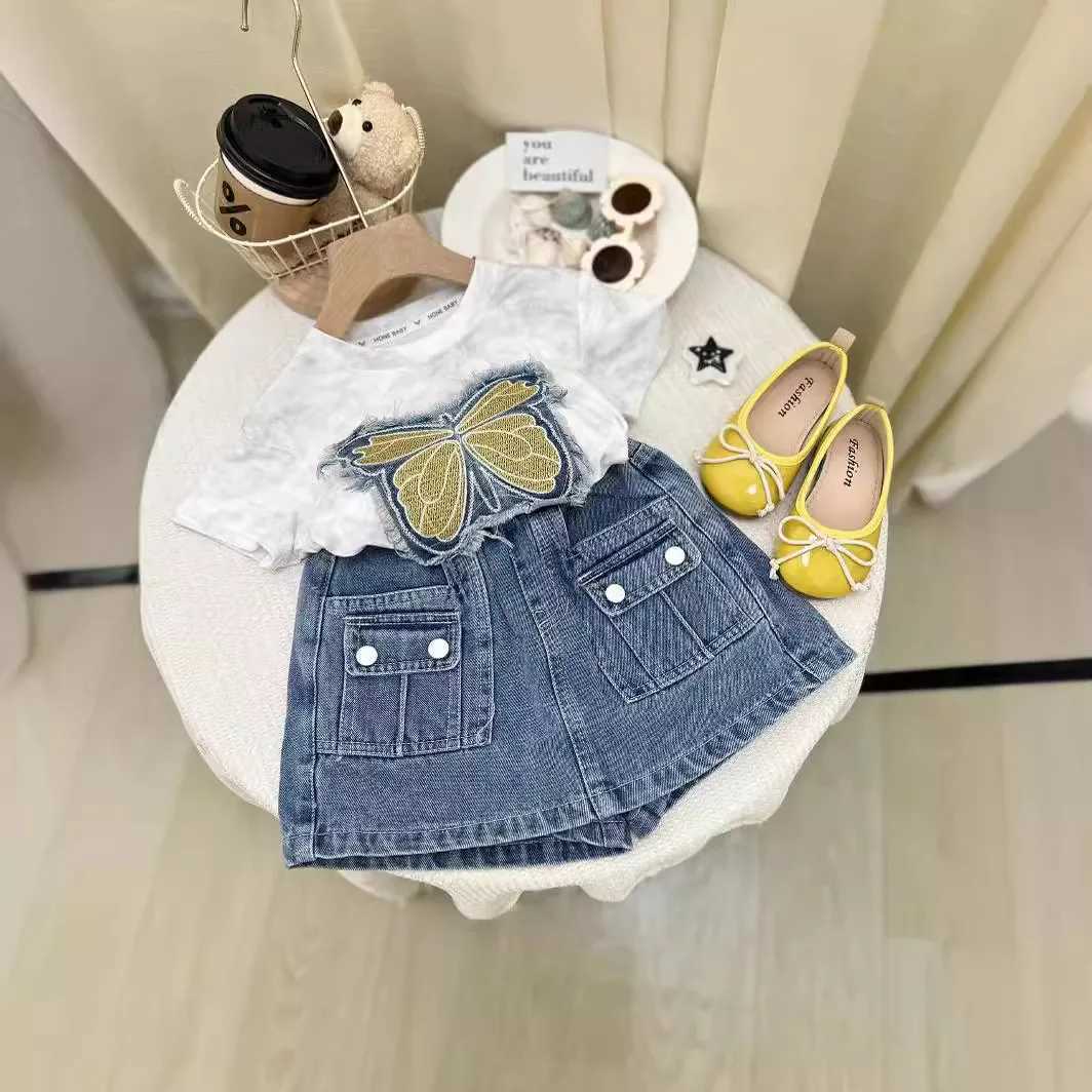 Childrens clothing set butterfly embroidery short sleeved top+denim Culottes baby clothing set girls clothing for 3 to 7 yearsT250327