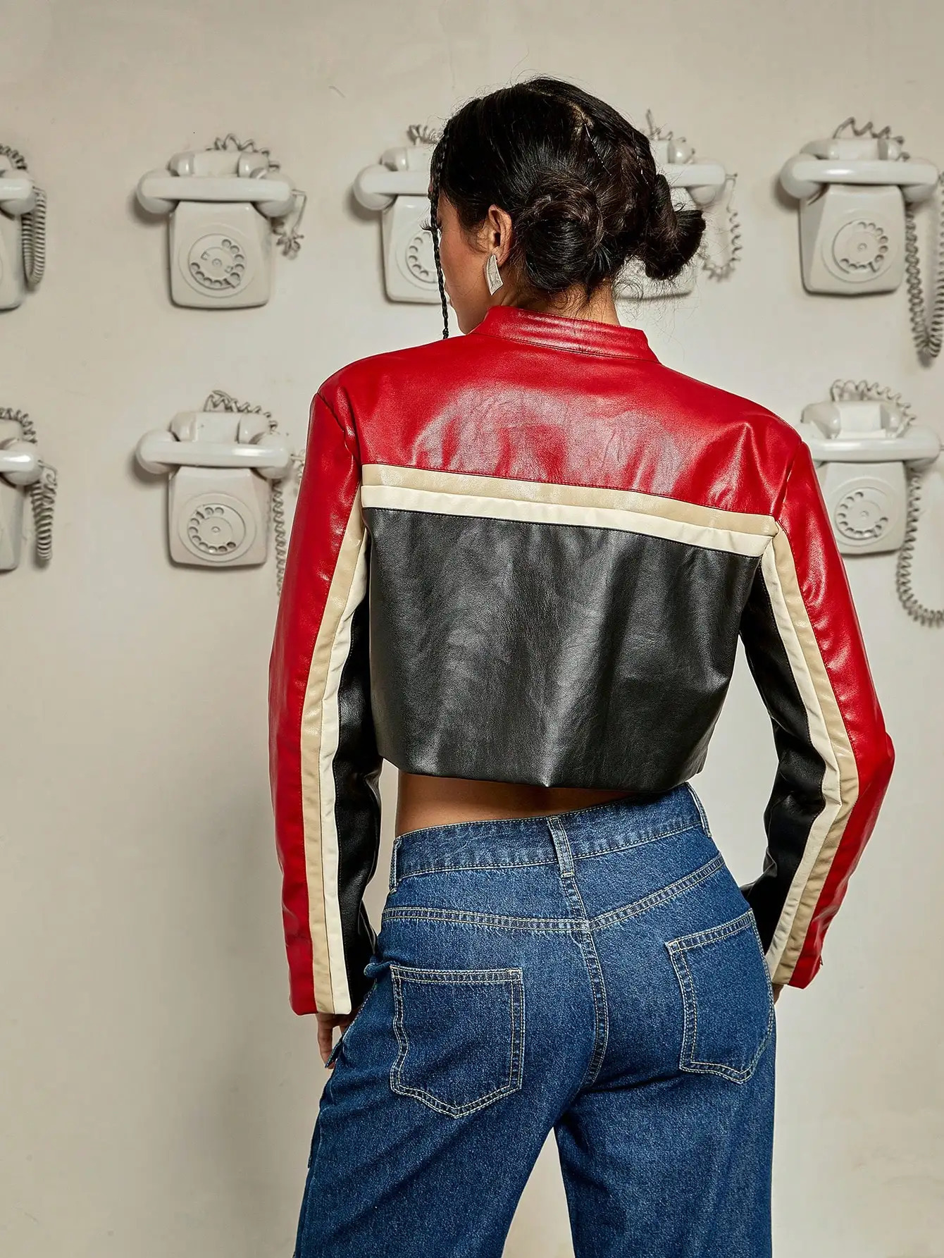 Womens Fashion Punk Bikercore Color Lock Zipper Stud Details Crop PU Leather Motorcycle Jacket Y2K Spring Short Coat 250322