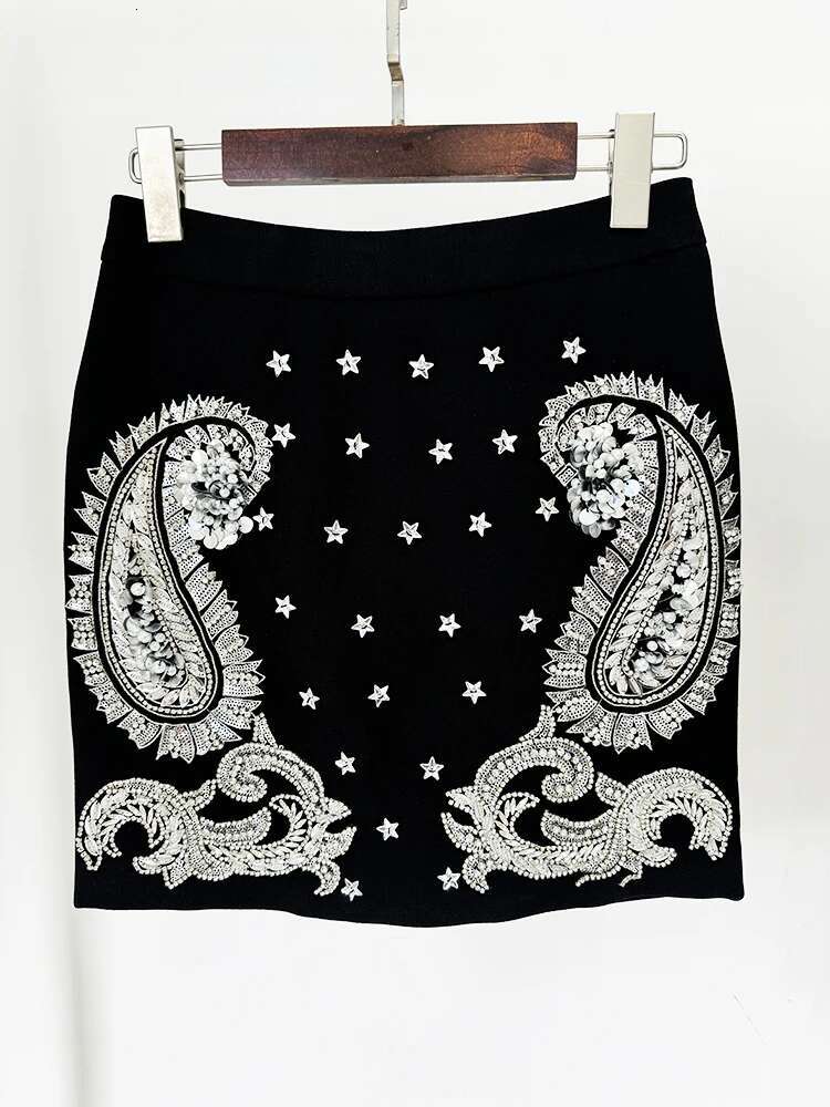 HIGH STREET Newest Fashion 2024 Designer Suit Women's Stunning Beaded Halter Neck Camis Top Mini Skirt Set 2pcs