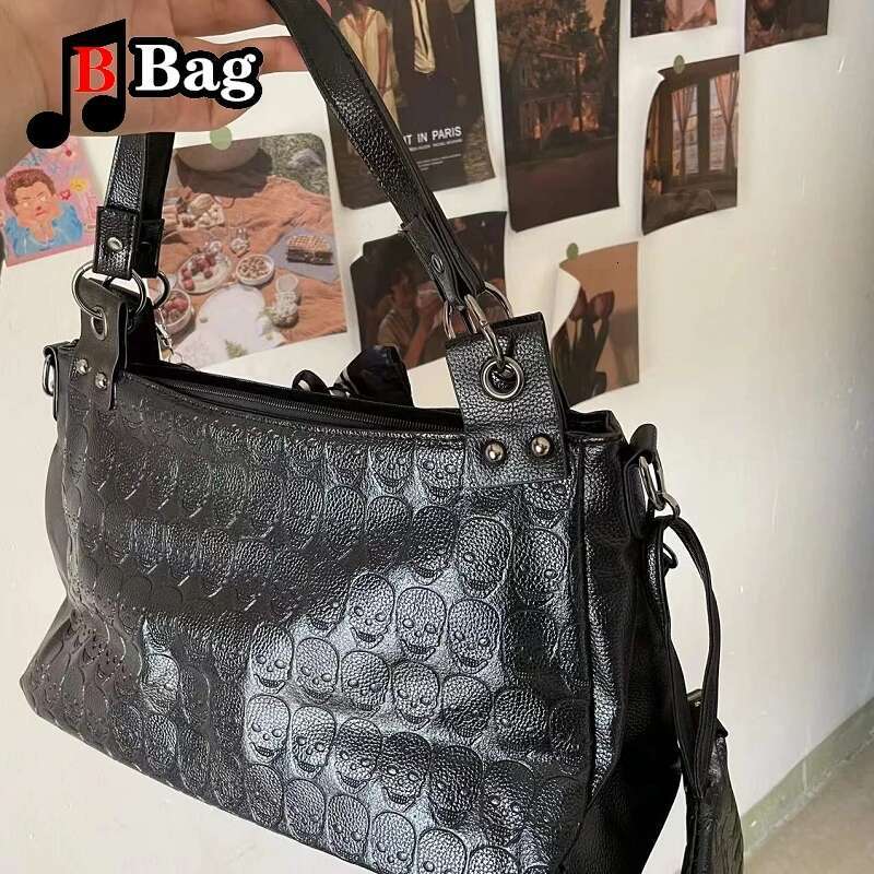Y2k Women Girls Gothic Skulls Printing Leather Shoulder Bags Totes Female Punk Cross Chain Large Capacity Messenger Bag Handbag