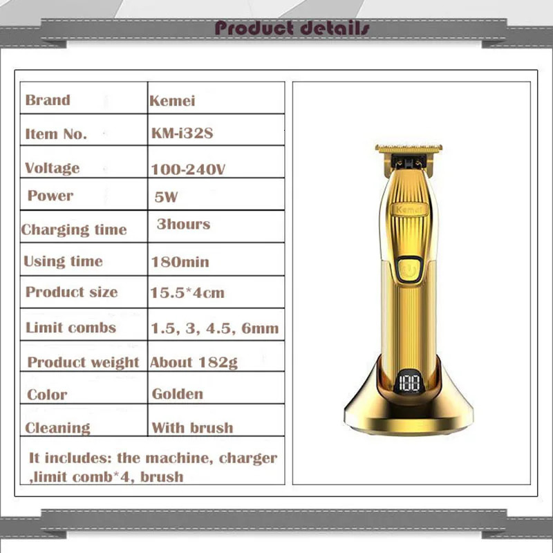 Kemei Professional Rechargeable Hair Trimmer Portable Gold Cordless T-blade Hair Clipper Shaving for Stylists Barber Beard Cut 250324