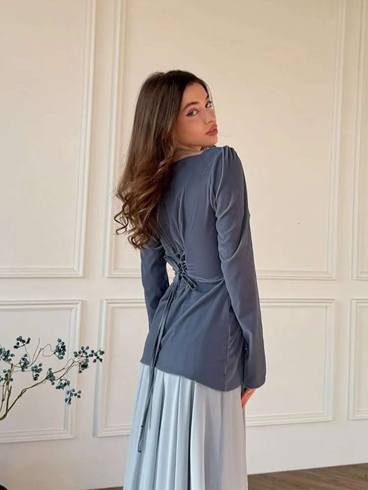 Fashion Pleated For Women Chic Square Collar Long Sleeve Slim Top A E Maxi Skirt Set Spring Female 2 Pcs Suit