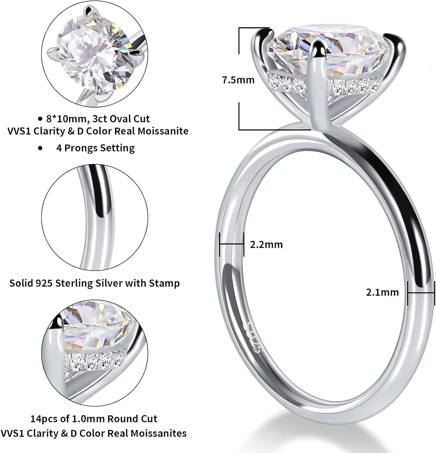 Ladylike 1/1.5/2/3CT Oval Cut Moissanite Engagement Ring for Women 925 Sterling Silver Solitaire Rings with Hidden Halo D Color VVS1 Promise Wedding R