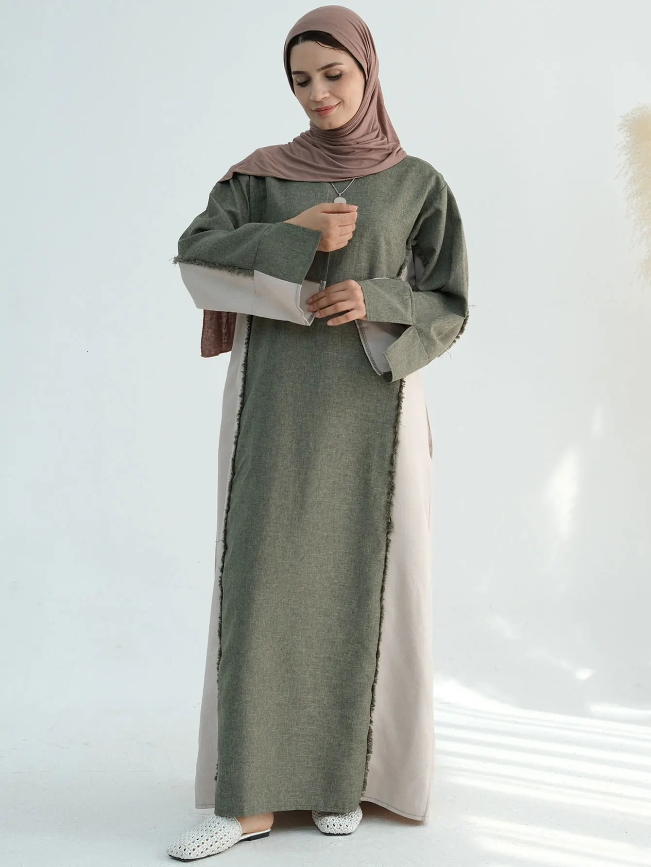 Trend Contrastive Color Womens Clothing Humble Abaya Muslim Linen Closed Ramadan EID Dubai 250326