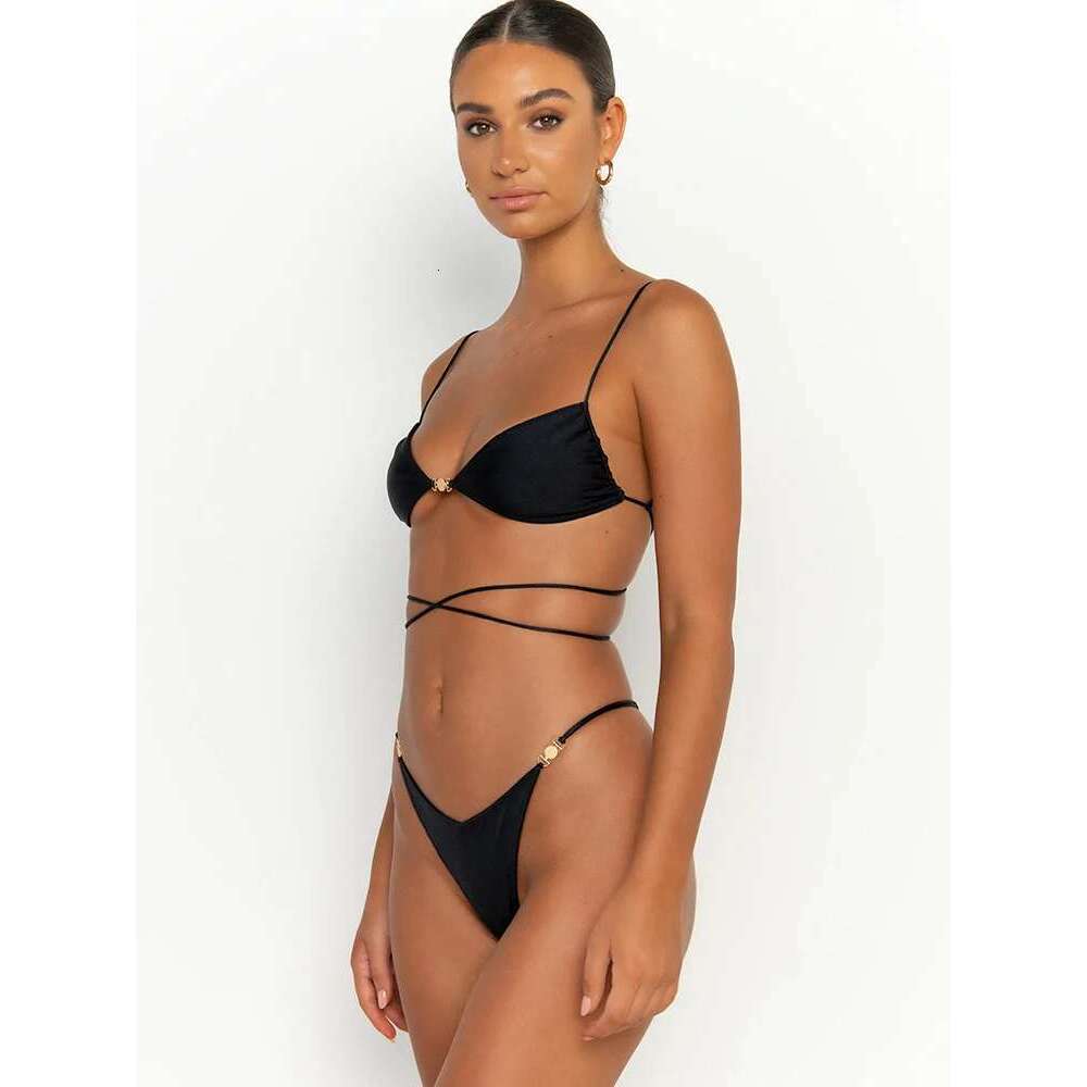 Shiny Swimsuit String Bikinis Bandage Swimwear Women 2025 New Pleated Bathing Suit Sexy Biquini Solid Color Beachwear Summer
