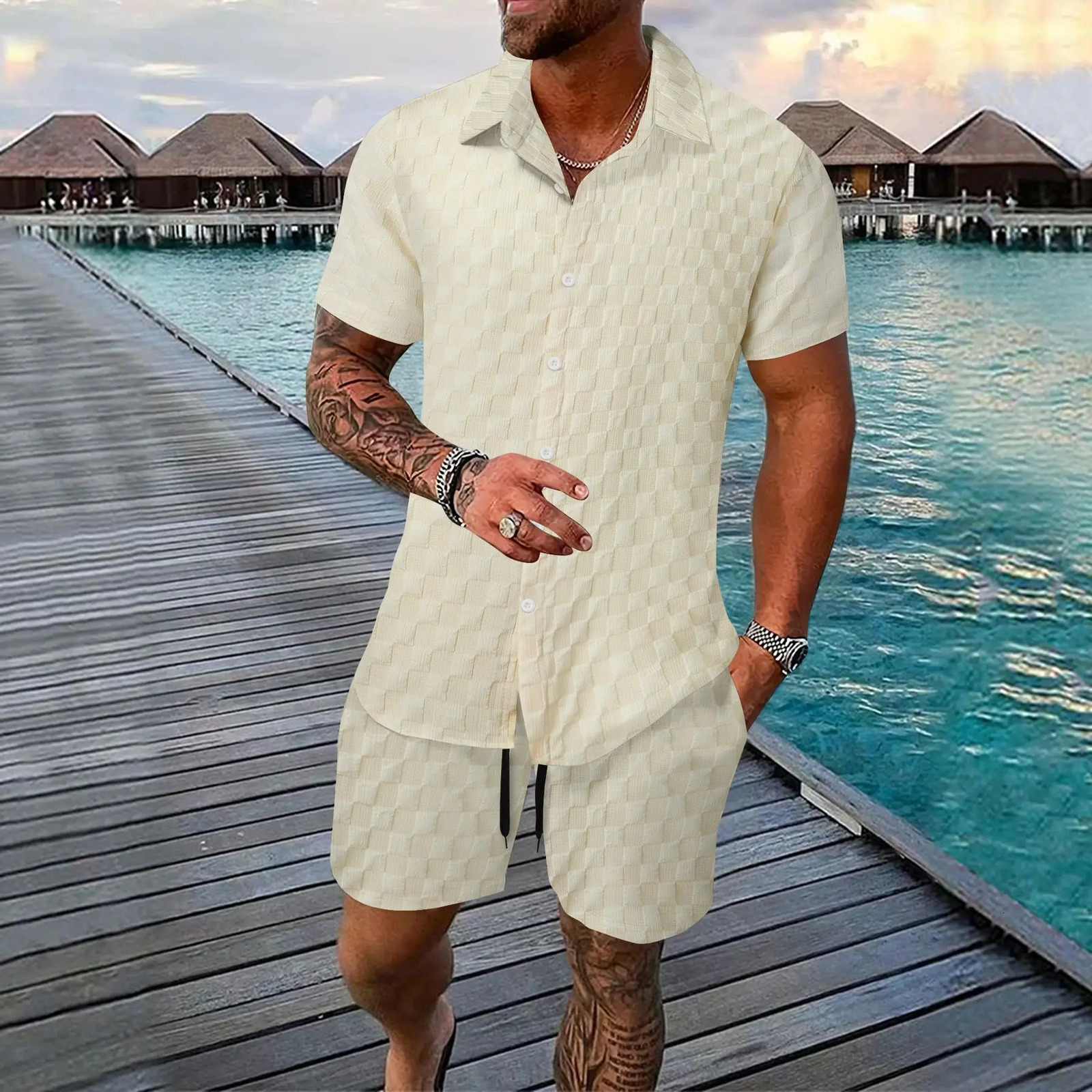 Summer Mens Fashion Beach Set Outdoor Sports and Leisure Shirt Solid Color Checkered Short Sleeve Shorts Two Piece 250327