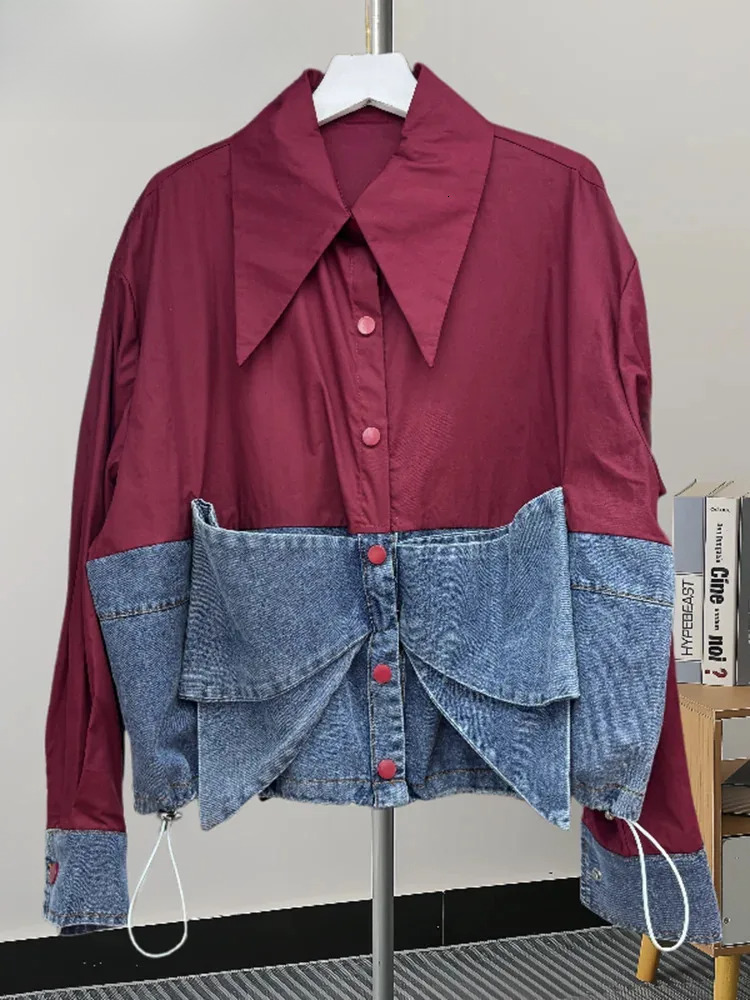 Spliced Denim Lapel Shirts For Women Single Breasted Full Sleeve Color Block New Female Niche Design Shirt