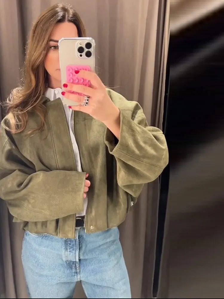 Fashion Short Suede Womens Jacket Loose Solid Collar Zipper Long Sleeve Street Spring Green 250326