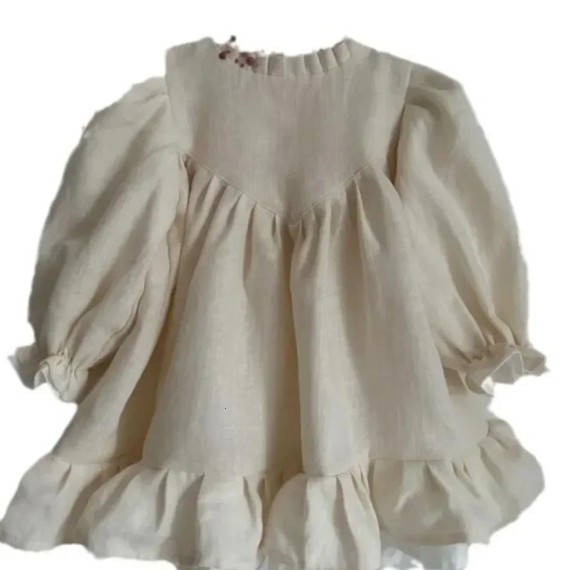 8383 Baby Girls Dress Children Dress Cotton Linen Splicing Girls Dress Leisure Princess Clothes 250326