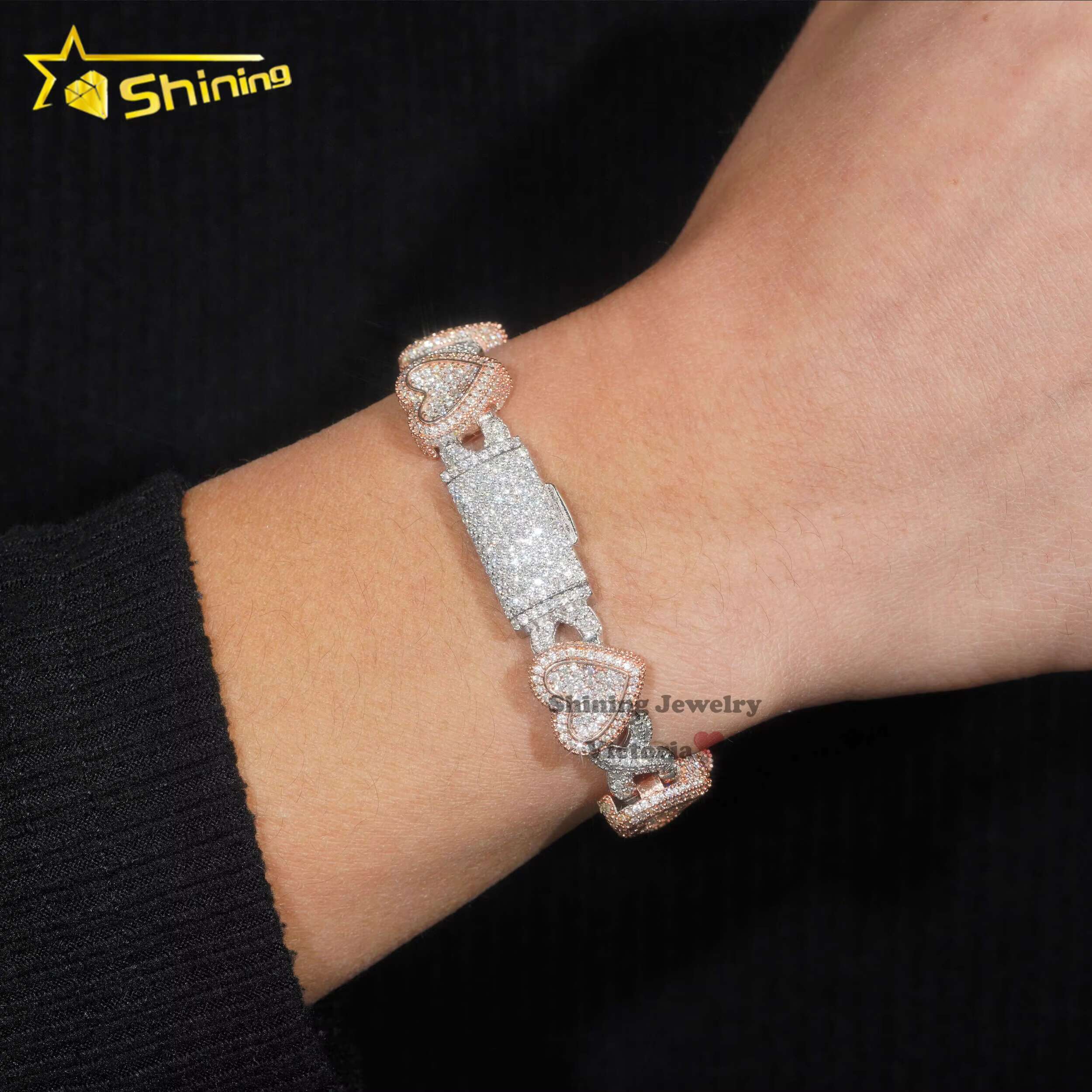 New Design 13mm Luxury 925 Sterling Silver Two Stone Rose Gold Iced Out Hip Hop Jewelry VVS Moissanita Diamond Heart Bracelet