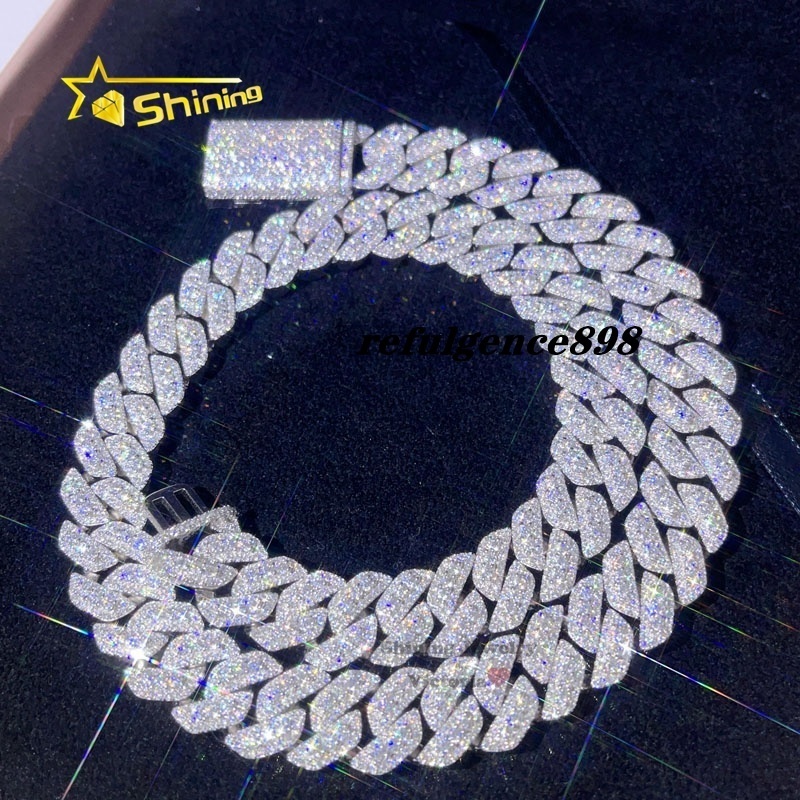 13MM 15MM Solid Silver Iced Out Buss Down Hip Hop Men Rapper Chain Iced Out Moissanite Cuban Link Chain
