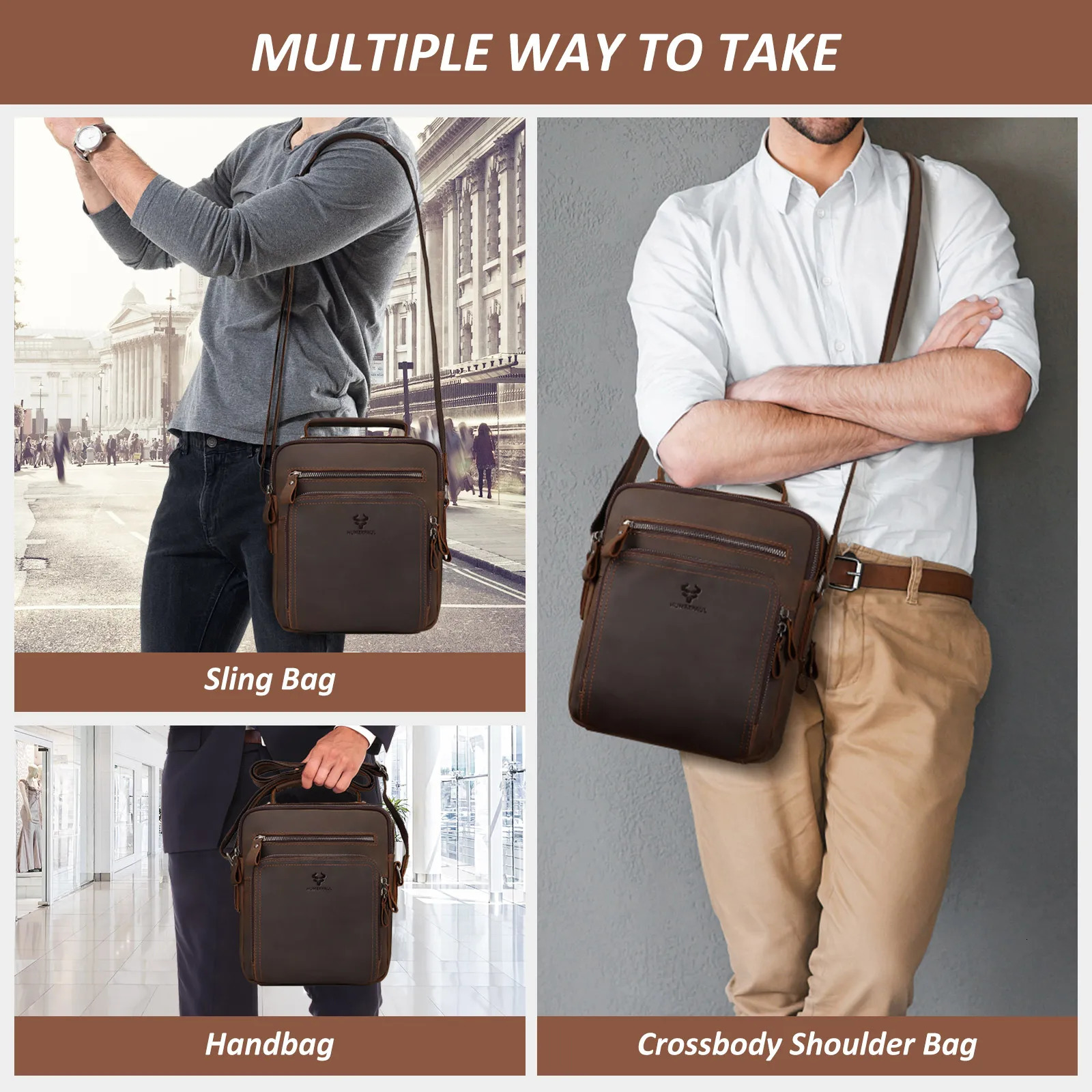 Crazy Horse Leather Mens Shoulder Bag Retro Cross Body Leisure Office Messenger Business Travel Handbag 250326