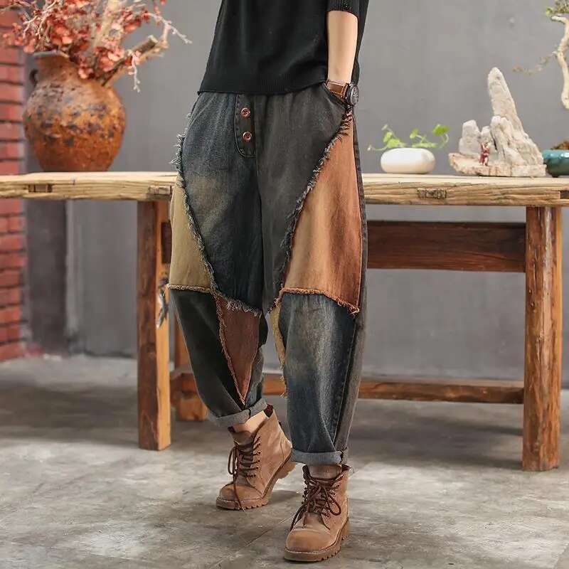 Spring Women's High Waist Retro Harem Pants Jeans 2023 New Casual Fashion Haruku Cotton Trousers Patchwork Wide Leg Radish