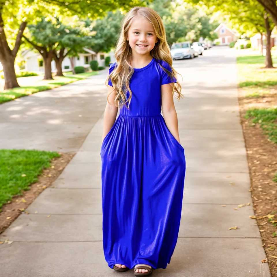 Summer girls new solid color short sleeved long skirt beach Par birthday casual fashion show version A-Line dress W250326