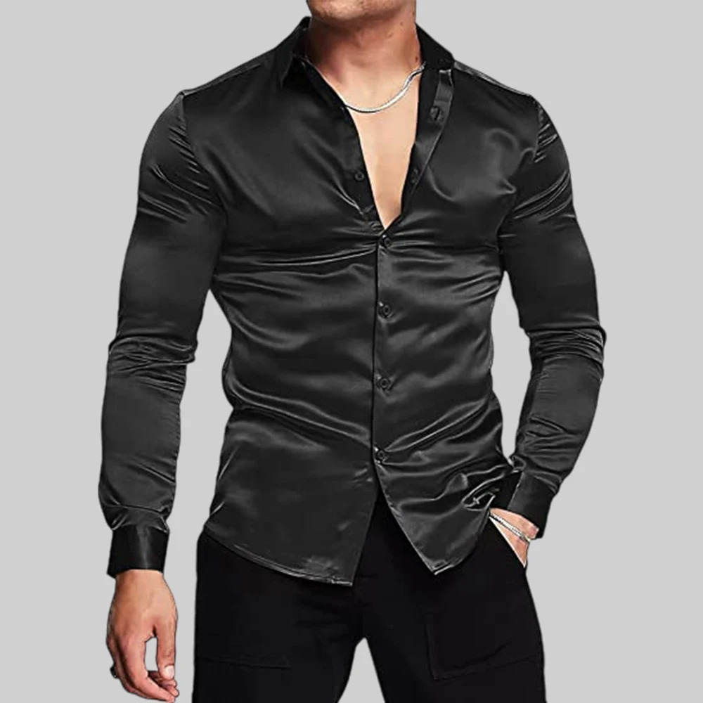 Mens Shiny Lapel Silk Satin Dress Shirts Long Sleeve Fashion Disco Prom Blouse Slim Fit Muscle Button Tuxedo Shirt 250326