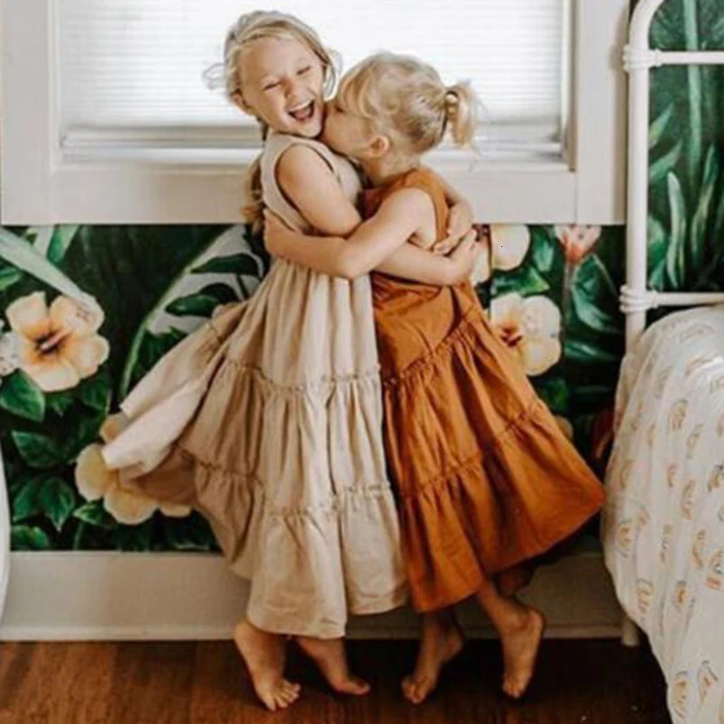 Girls Beach Dress Summer Vintage Plated Tutu Skirt Dress for Girls Clothes Breathable Linen Cotton Toddler Girls Boho Dress 1-7Y 250326