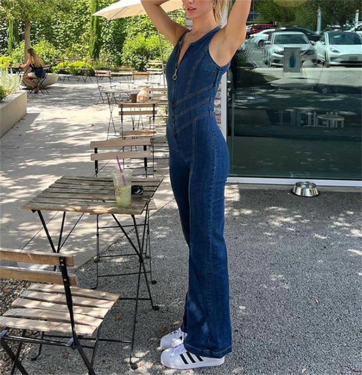 Womens ultrathin denim backless jumpsuit springsummer chic sparkling jeans high waisted streetwear womens zipper sexy dress 250326