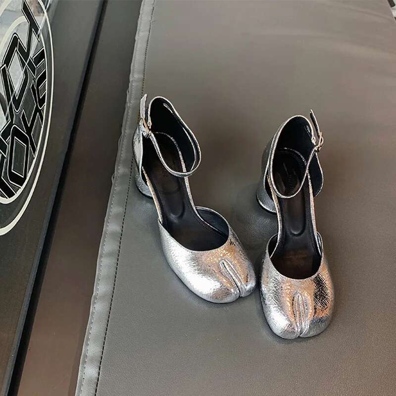 Modern Round High Heel Leather Square Split Toe Pumps Spring Summer Sandals Mary Janes Shoes Heels Women