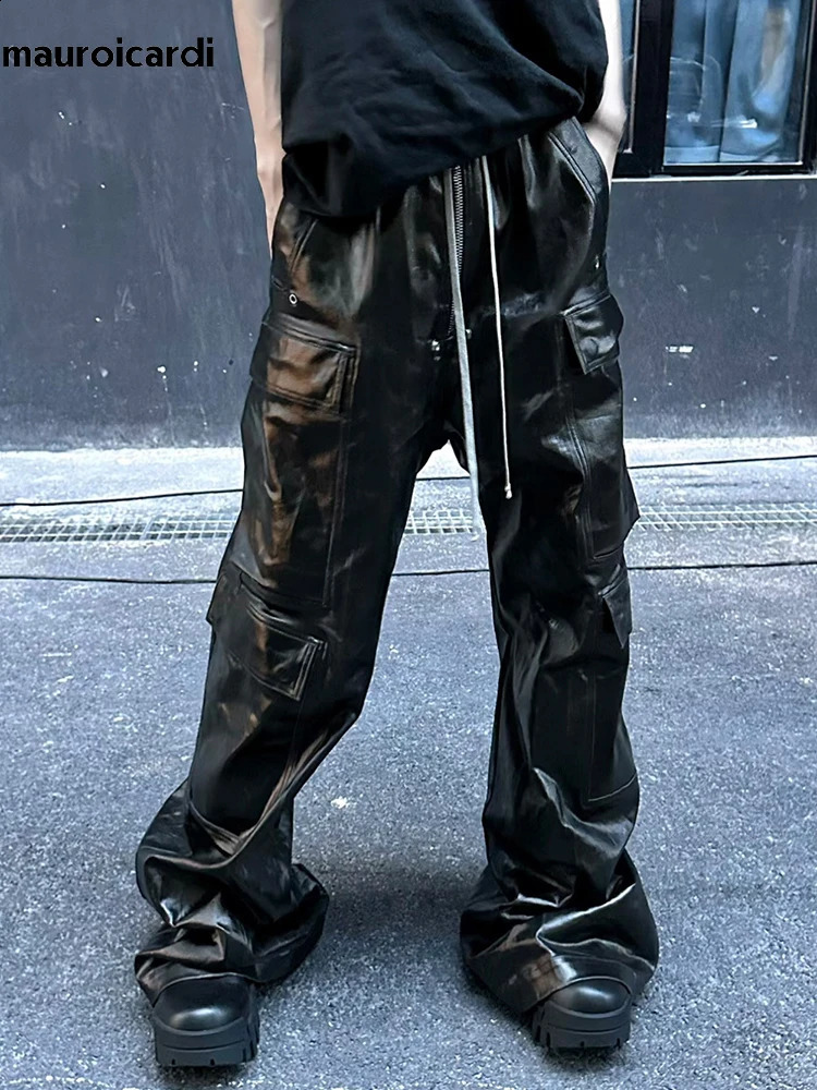 Mauroicardi Spring Autumn Cool Black Shiny Reflective Pu Leather Wide Leg Pants for Men Drawstring Waist Mens er Clothes 250317