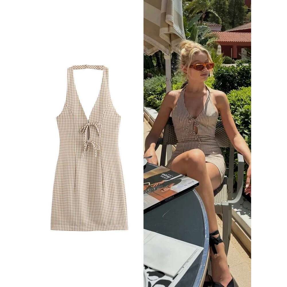 Women's Print TRAF Hanging Grid Neck Slim Dress New Sexy Bow Trimmed Backless Mini Holiday Style Party Short Dresses