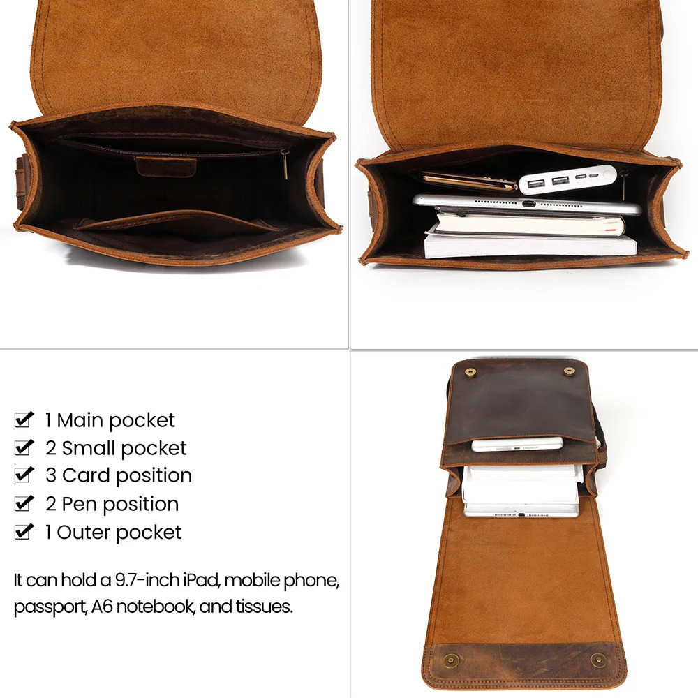 JOYIR Retro Crazy Horse Leather Mens Messenger Bag Flip Cover Casual Small Cross Body 97inch iPad Travel Work Shoulder 250326