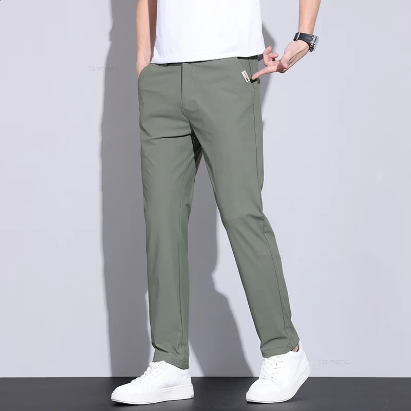 Summer Thin Mens Ice Silk Casual Pants High Elasticity Soft Cosy Business Straight Trousers High Quality Man Clothing Khaki 250317