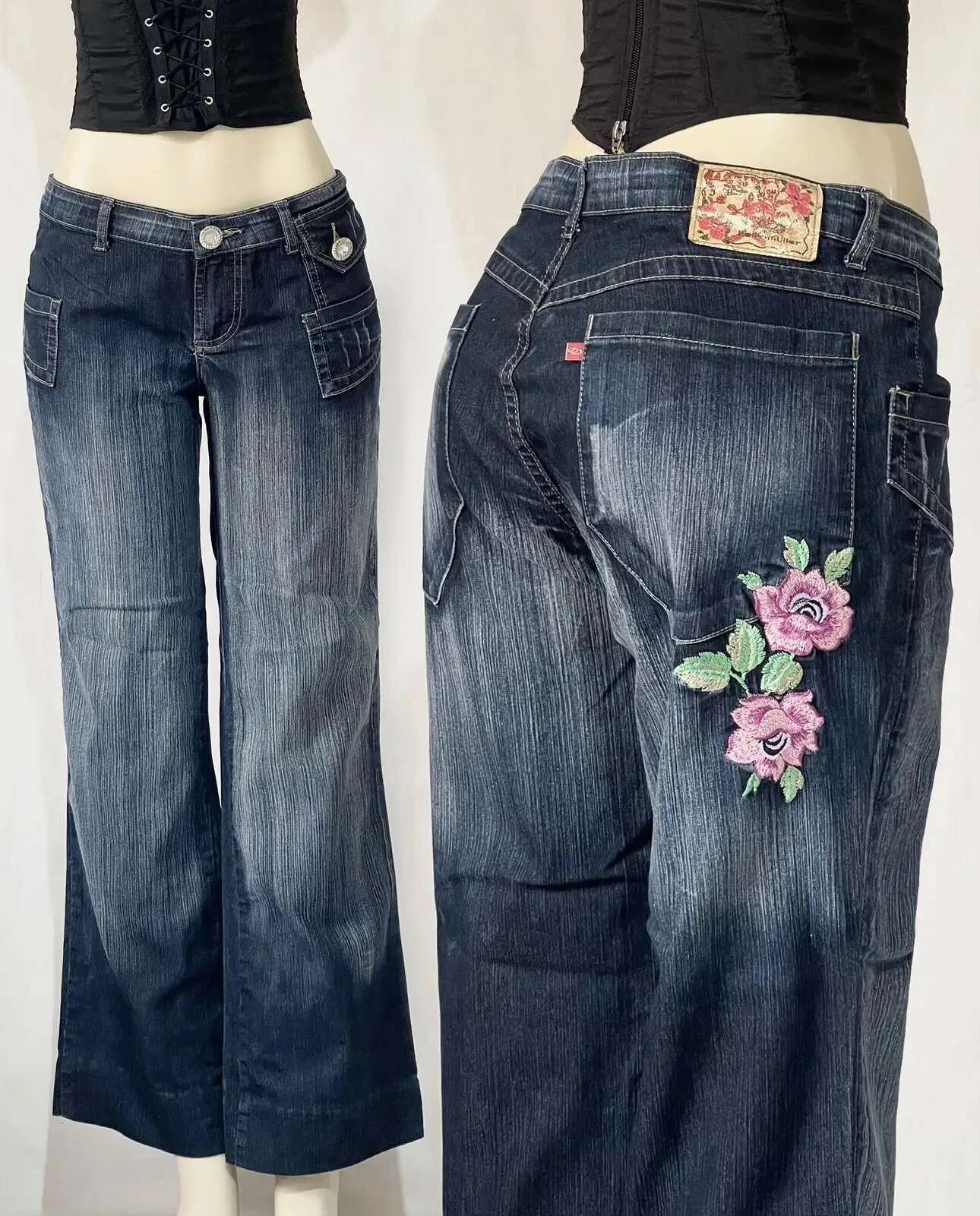 Classic Washed Solid Baggy High Street Pocket Embroidery Wer Design Wide Leg Pants Y2k Fashionable Flare Jeans