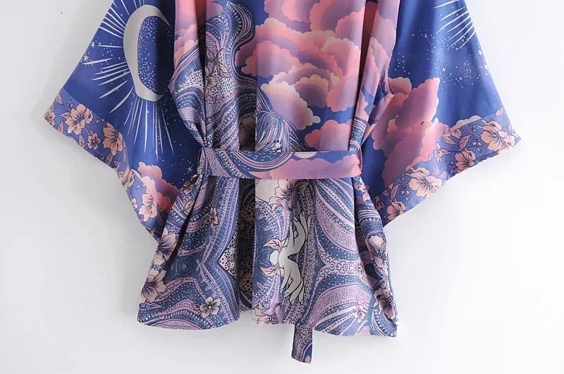 Happy Queens Retro Star and Moon Flower Printed Belt Womens Bohemian Vneck Bat Sleeves Short Skirt Kimono 250326