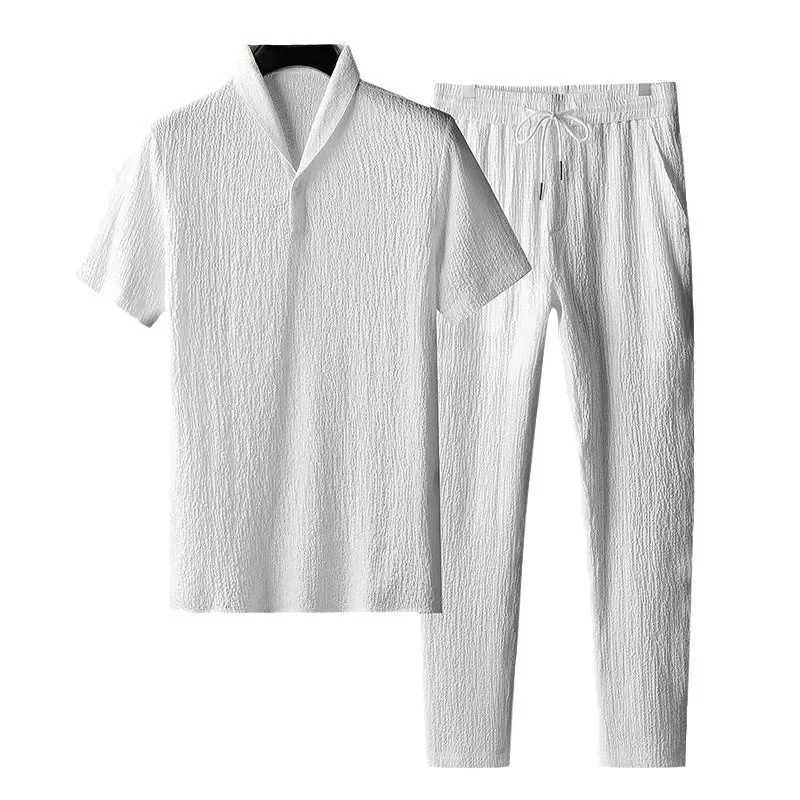 Mens pleated ice silk T-shirt short sleeved sportswear pants a lightweight summer outfitXJ250326