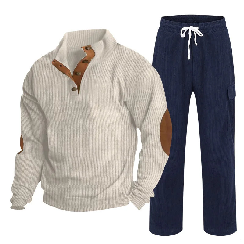 Mens autumn and winter sportswear Corduroy Henley shirt straight pants casual set 250326