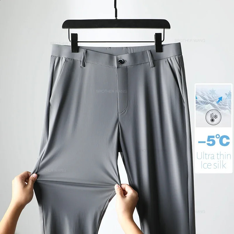 Summer Ultra-thin Ice Silk Quick-drying Casual Pants Male Gray Black High Elastic Straight Draped Mens Business Casual Trousers 250317