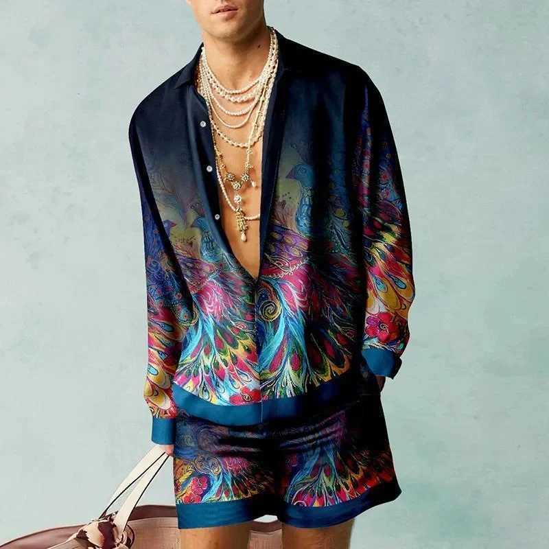 Hawaii Retro Fashion Beach Set Mens Casual Outdoor 3D Printed Abstract Long Sleeve Shirt 2-piece Set Loose Beach ShortsXJ250326