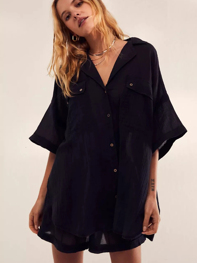 Womens beach cover Ups pure white black shirt with pockets vintage style holiday swimsuit 250324