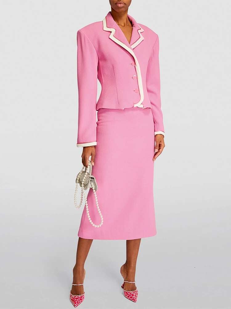 HIGH STREET Newest Fashion 2024 Designer Set Women's Color Block Slim Fitting Blazer Chains Midi Skirt Suit