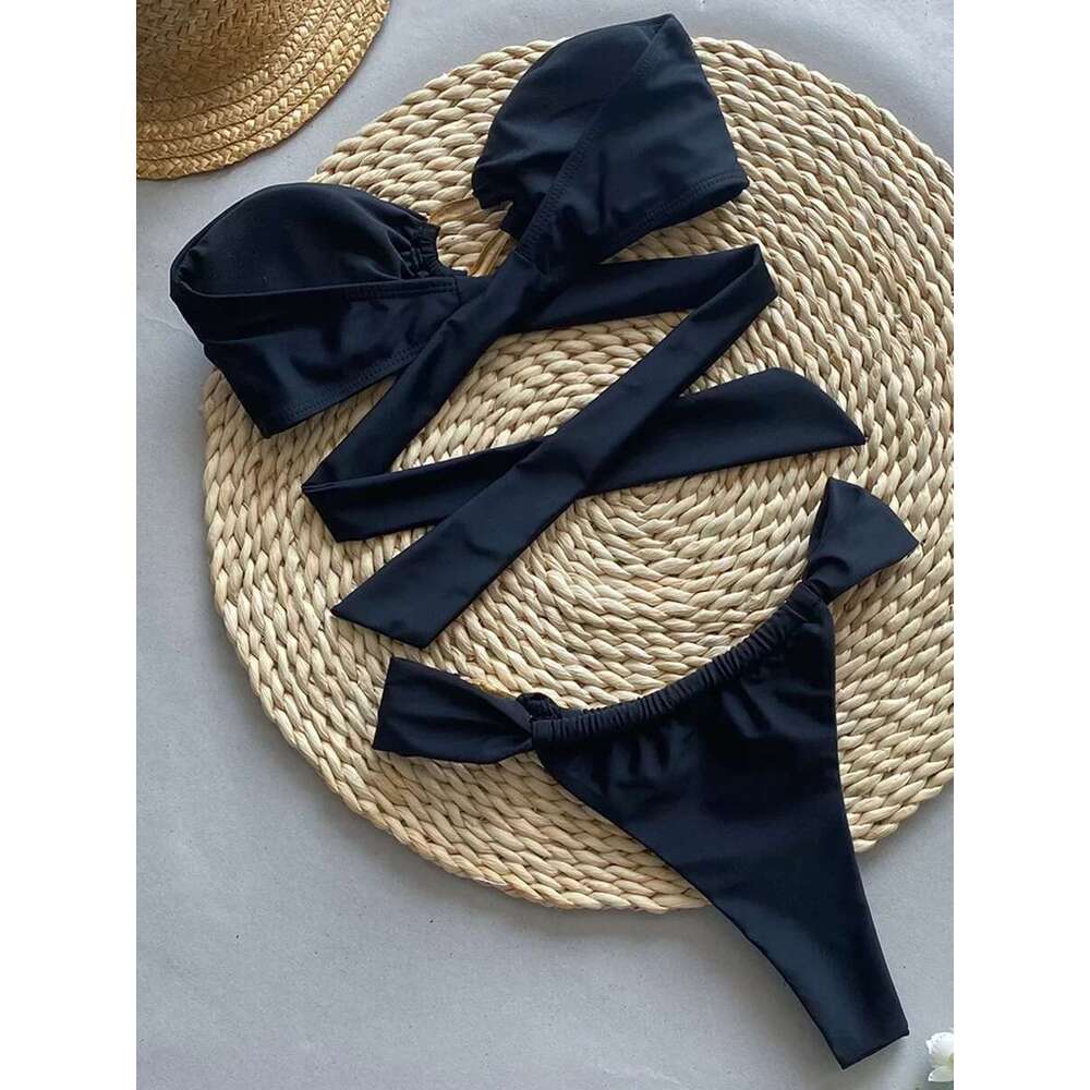 Bandeau High Sexy Cut Metal Rings Female Swimsuit Women Swimwear Two-pieces Bikini Set Bather Bathing Suit Swim Beachwear