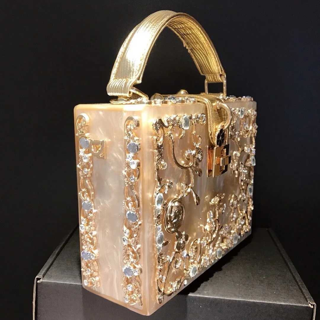 Crystal evening bag for women new hollow outer metal carving flower diamond handbag box fAshionable shoulder cross shaped bag Z250326