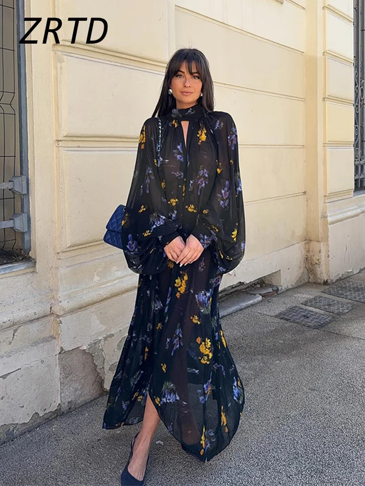 Elegant Printed Boho Long Dresses Women Loose Chic Turtleneck Lantern Sleeve Floral Robes Spring Summer Lady Vacation Dress 250326