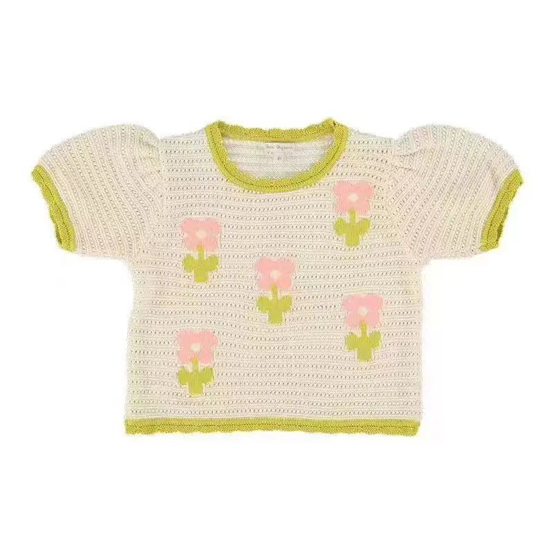 BEBE Knitted Set 2025 Summer Girls Lapel Solid Color Dress Baby Flowers Knitted Sleeveless Top Shorts 250326