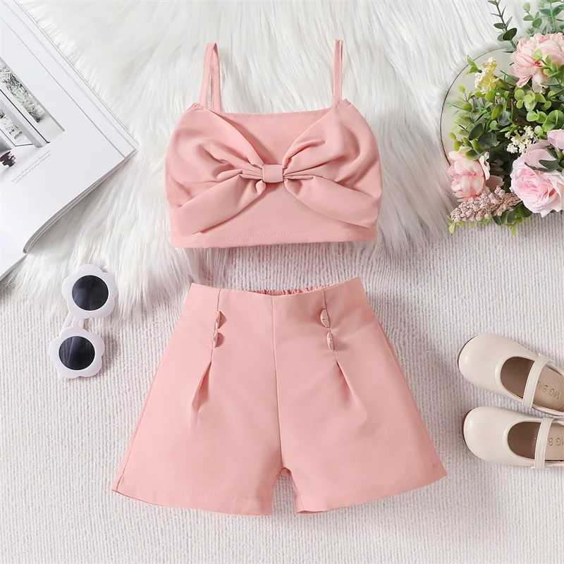 Pudcoco Childrens Baby Girls Summer Clothing Solid Color Sleeveless Front Bow Cami Top with Shorts 2-piece Set 18M-6TT250327