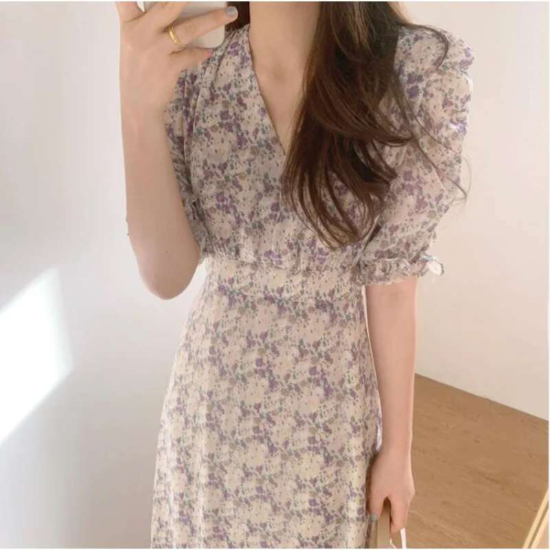 Dongdumaoyi Zomer Nieuwe Taille Knipperende Elegante En Zachte Stijl Hoogwaardige Chiffon Bloemen Midi Vrouwen Mode Jurk A