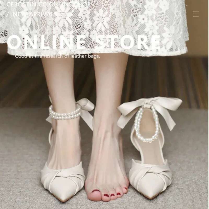 Women Elegant White High Heels Sandals Summer Chunky Platform Pearl Ankle Straps Pumps Woman Lace Bowtie Party Shoes