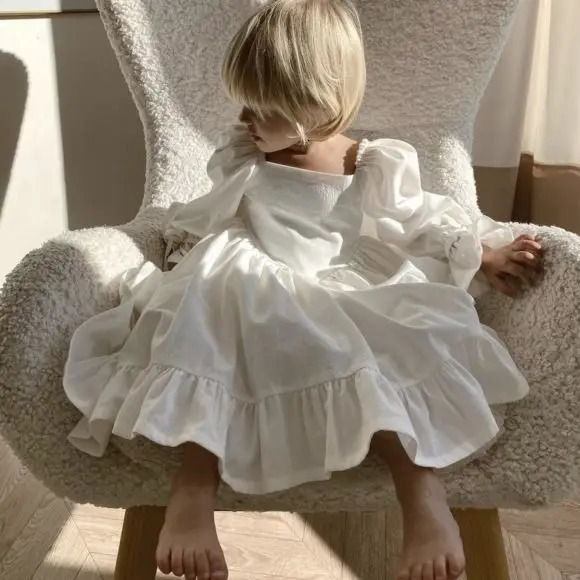 Kids Puff Sleeve White Dress Girls Cotton Linen Lolita Princess Dresses for Birthday Evening Party Clothes 2 4 6 8 Years Old 250326